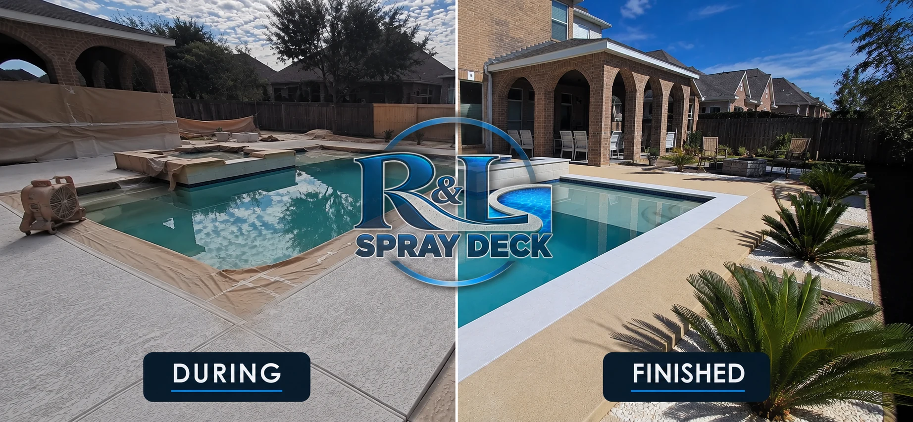 Pool deck during preparation and after a finished spray deck coating by R&L Spray Deck in Houston